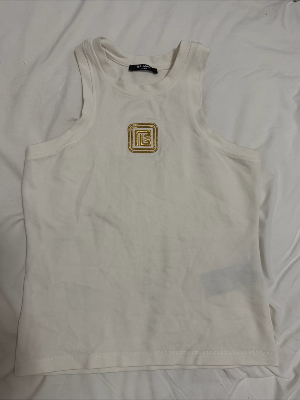 Balmain White Tank Top with Gold Logo Patch